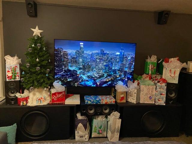 r/hometheater - A little late. But this is what compromise looks like with the wife during Christmas.