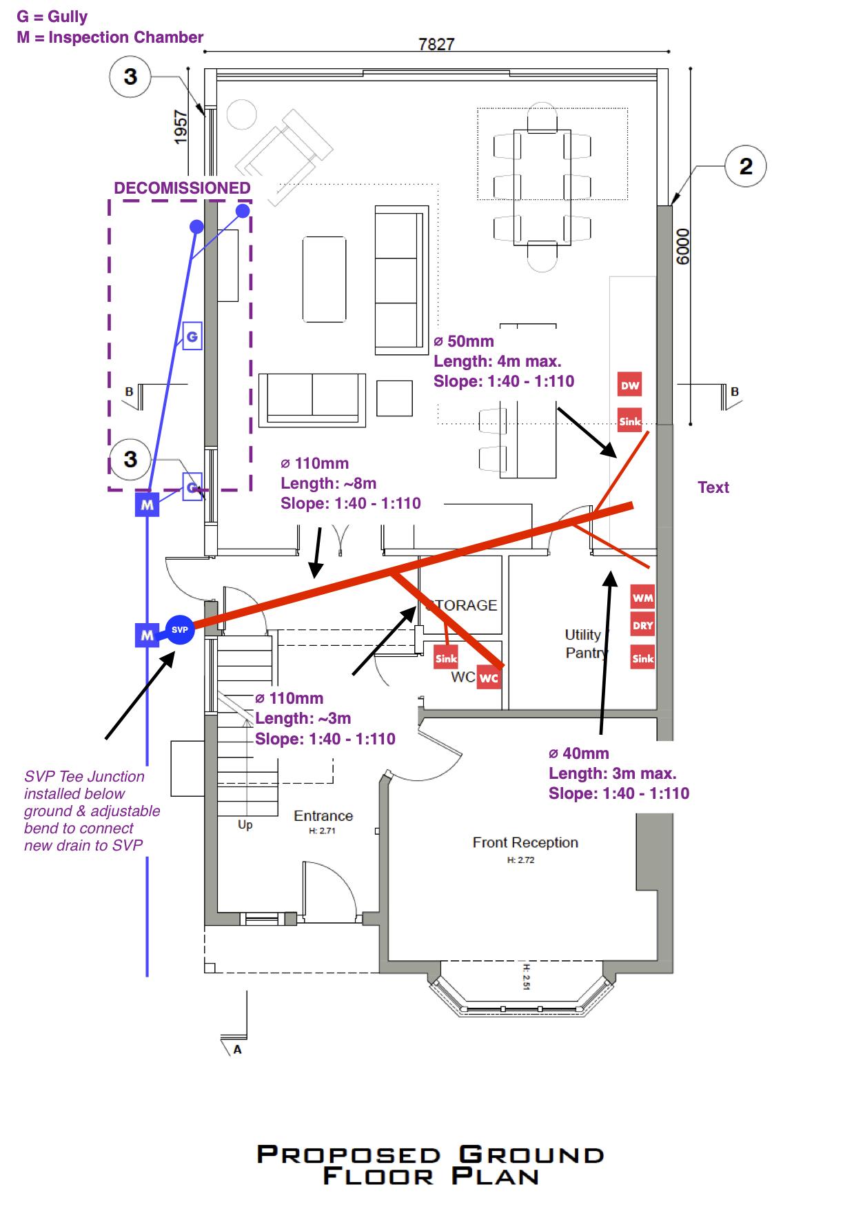 Drain Design for Remodel - Ground Floor WC & Kitchen on party wall side